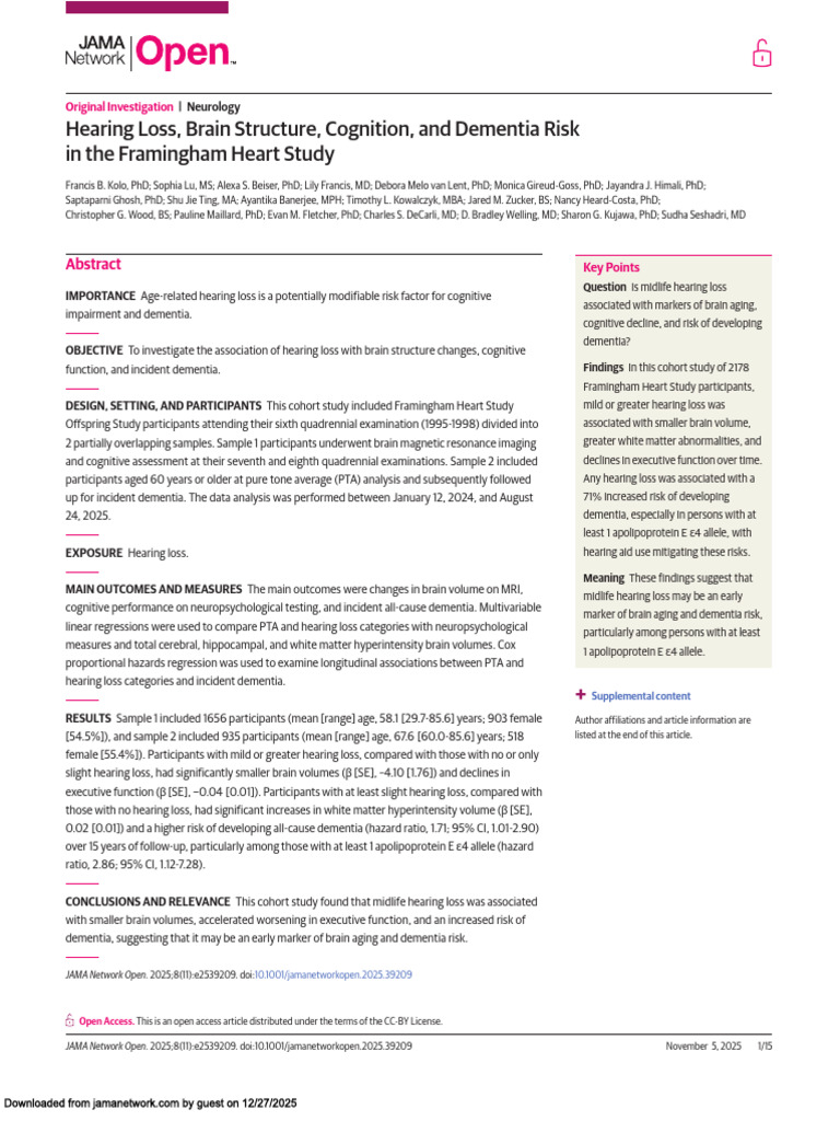 JAMA Open Access-Hearing Loss, Brain Structure, Cognition, and Dementia ...