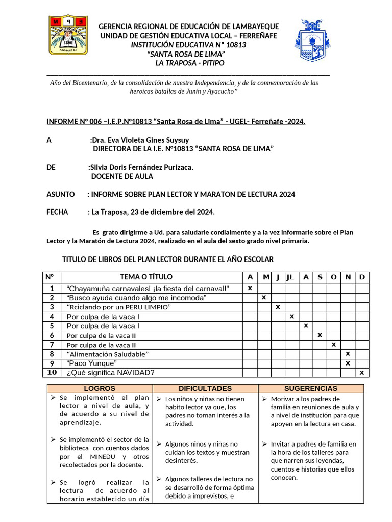 Informe sobre Plan Lector 2024 | PDF | Aprendizaje