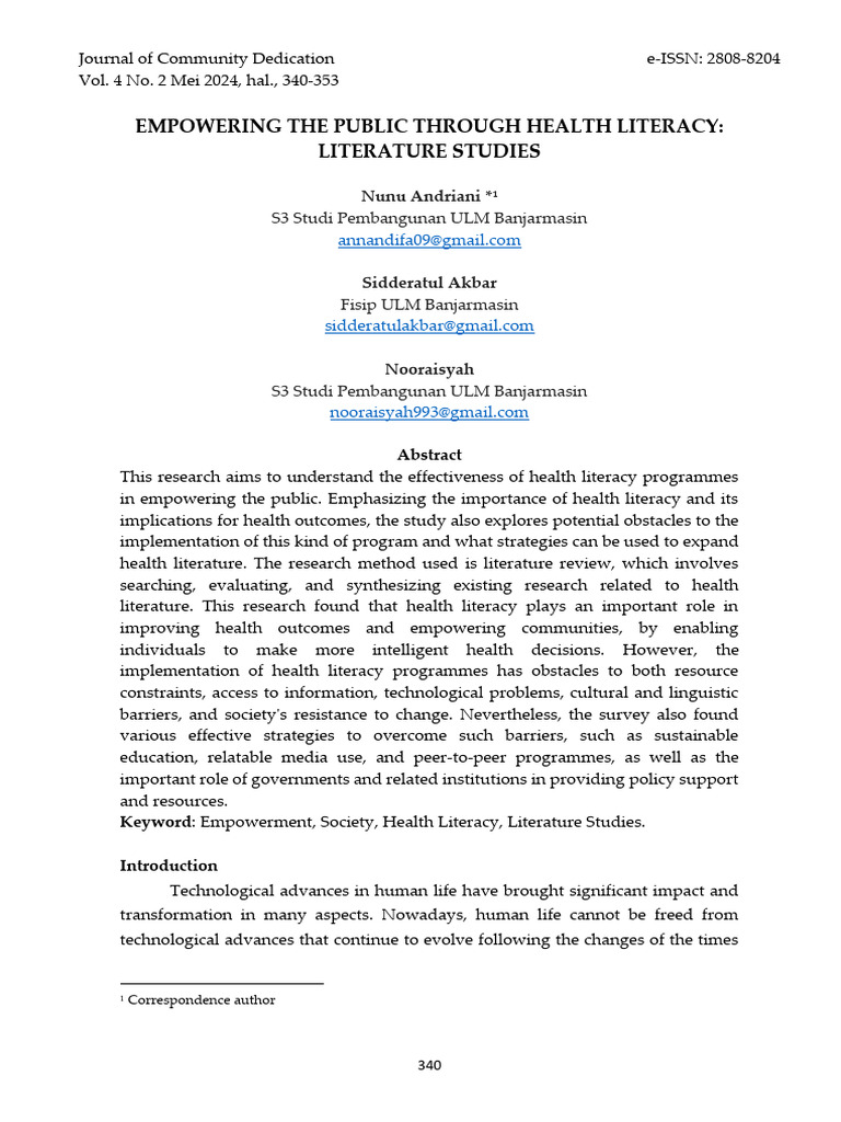 Health Literacy for Community Empowerment | PDF | Empowerment | Literacy