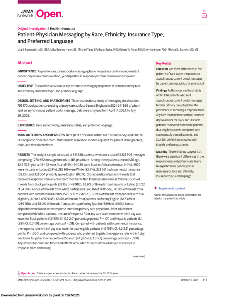 JAMA Open Access-Patient-Physician Messaging by Race, Ethnicity ...