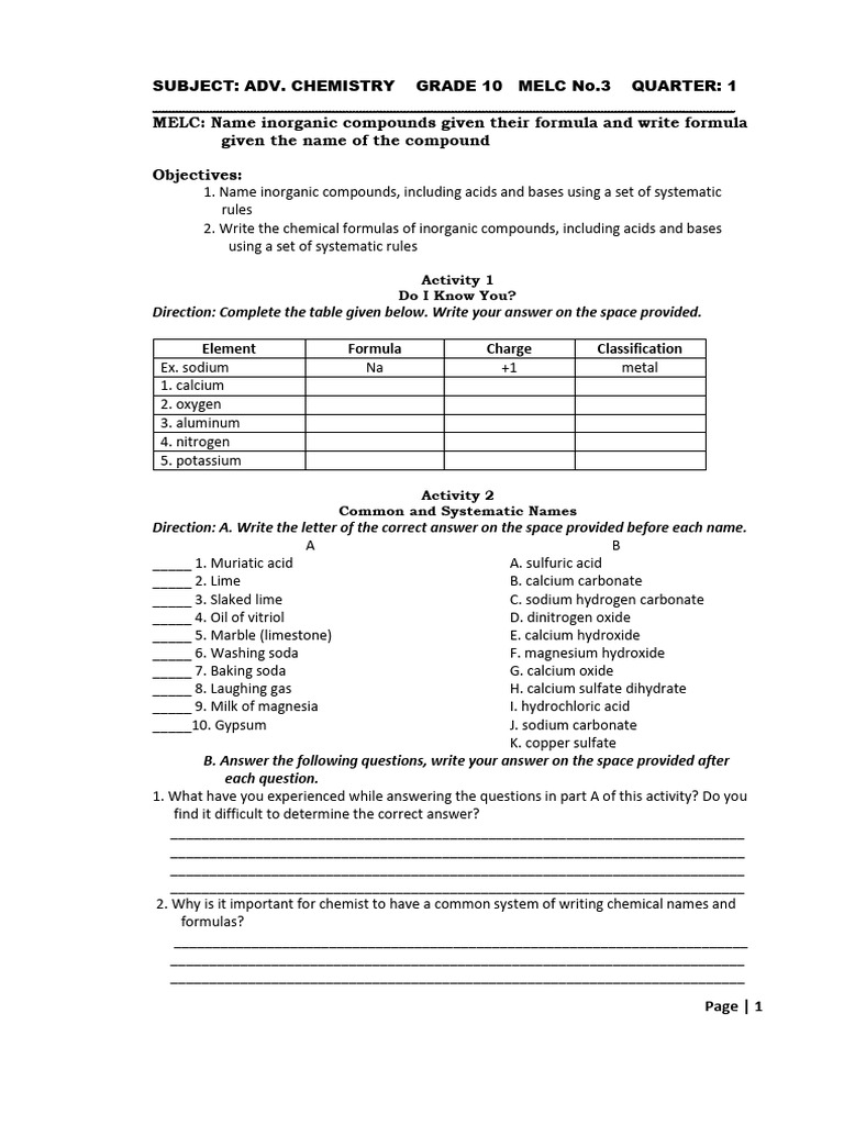 Adv. Chem. Activities for MELC 3 Quarter 1 (3) | PDF | Ion | Chemical ...