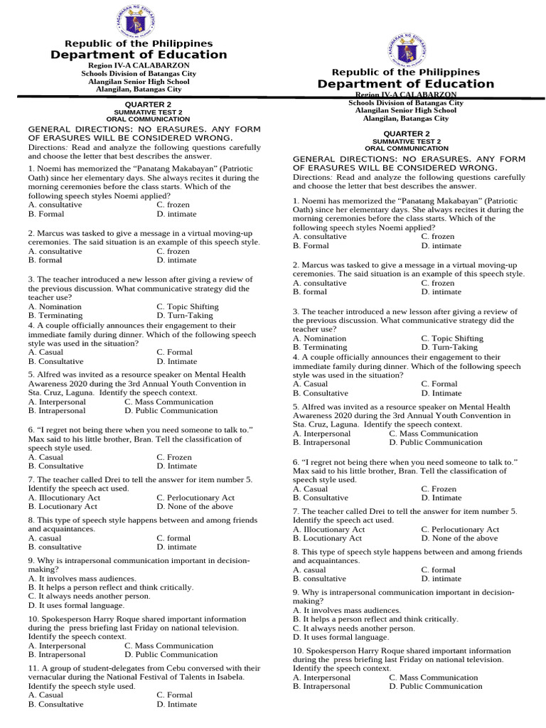 q2 Summative Test2 Oral Com Key | PDF | Communication | Human Communication
