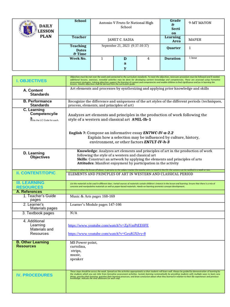 Daily MAPEH Lesson Plan for Grade 9 | PDF | Learning | Cognition
