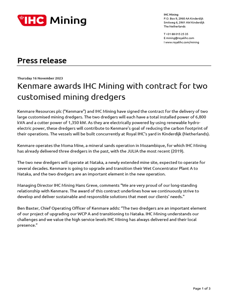Kenmare Awards IHC Mining Dredger Contract | PDF | Mining | Minerals