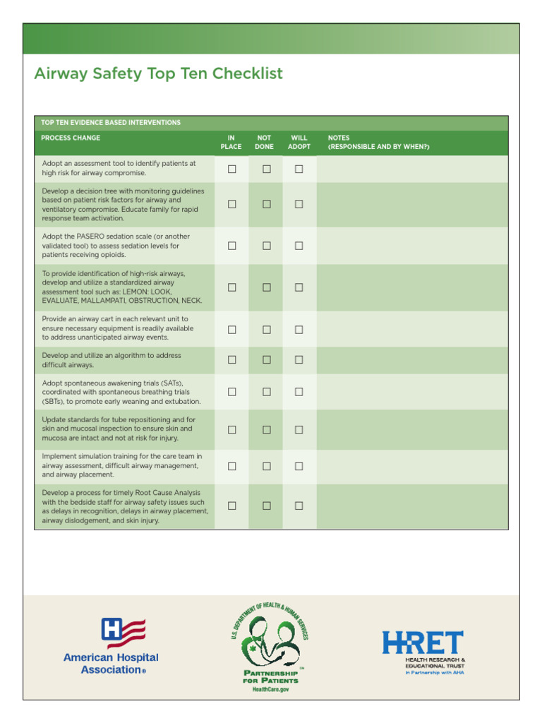 Airway Safety Checklist: Top Ten Interventions | PDF