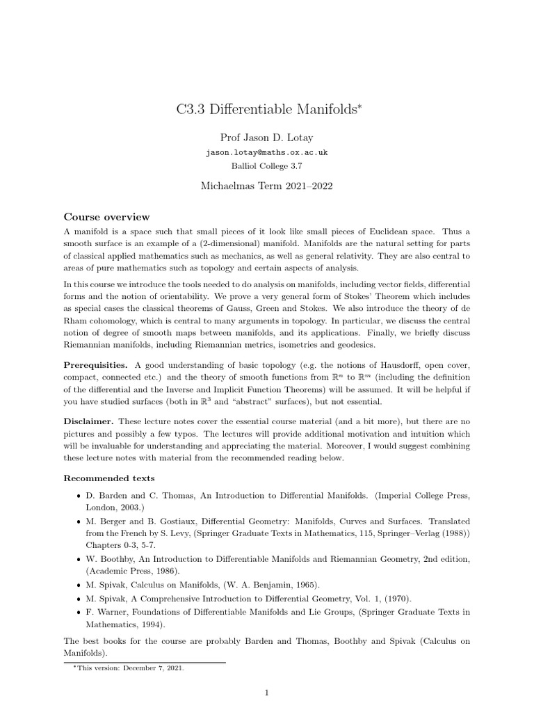 Introduction to Differentiable Manifolds | PDF | Manifold ...