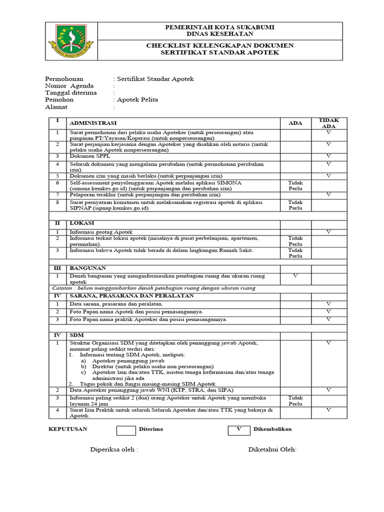 Checklist Sertifikat Apotek Sukabumi | PDF