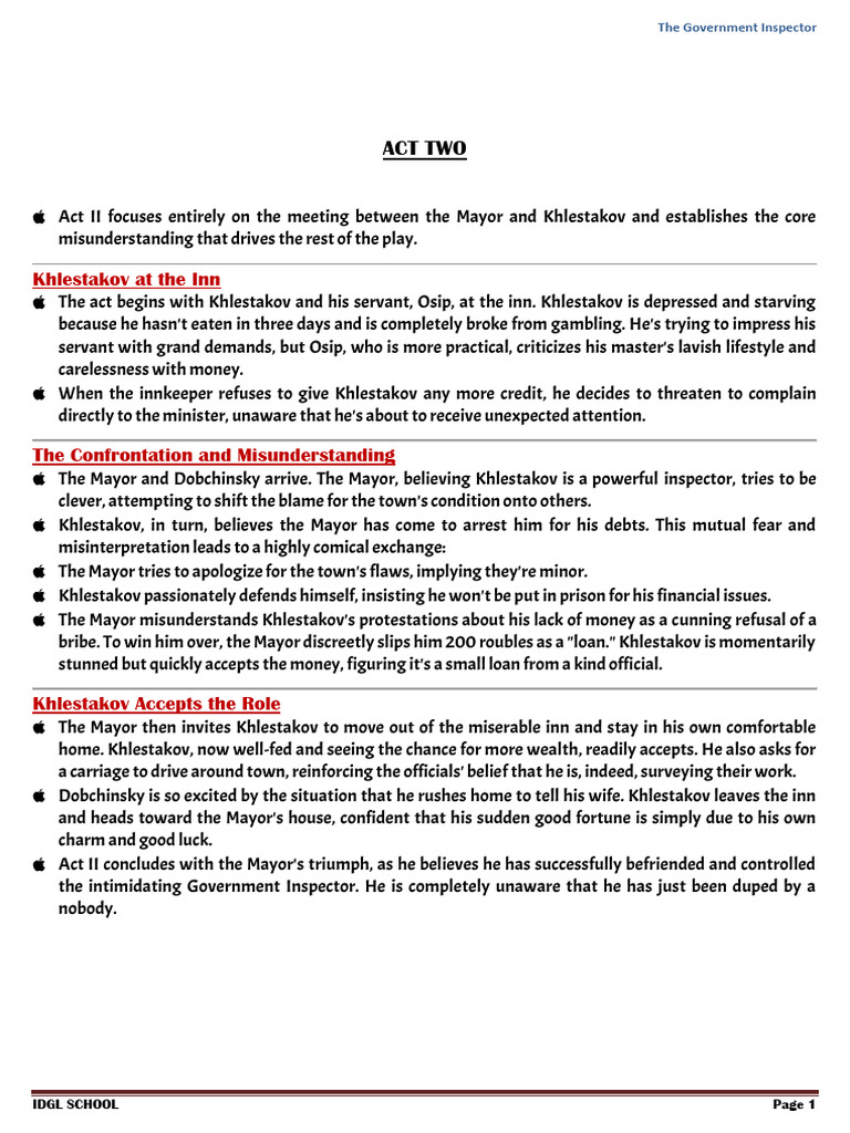 Act II Analysis of The Government Inspector | PDF