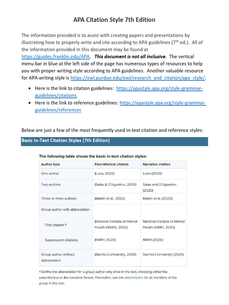 APA Citation Style 7th Edition Resources | PDF | Digital Object ...