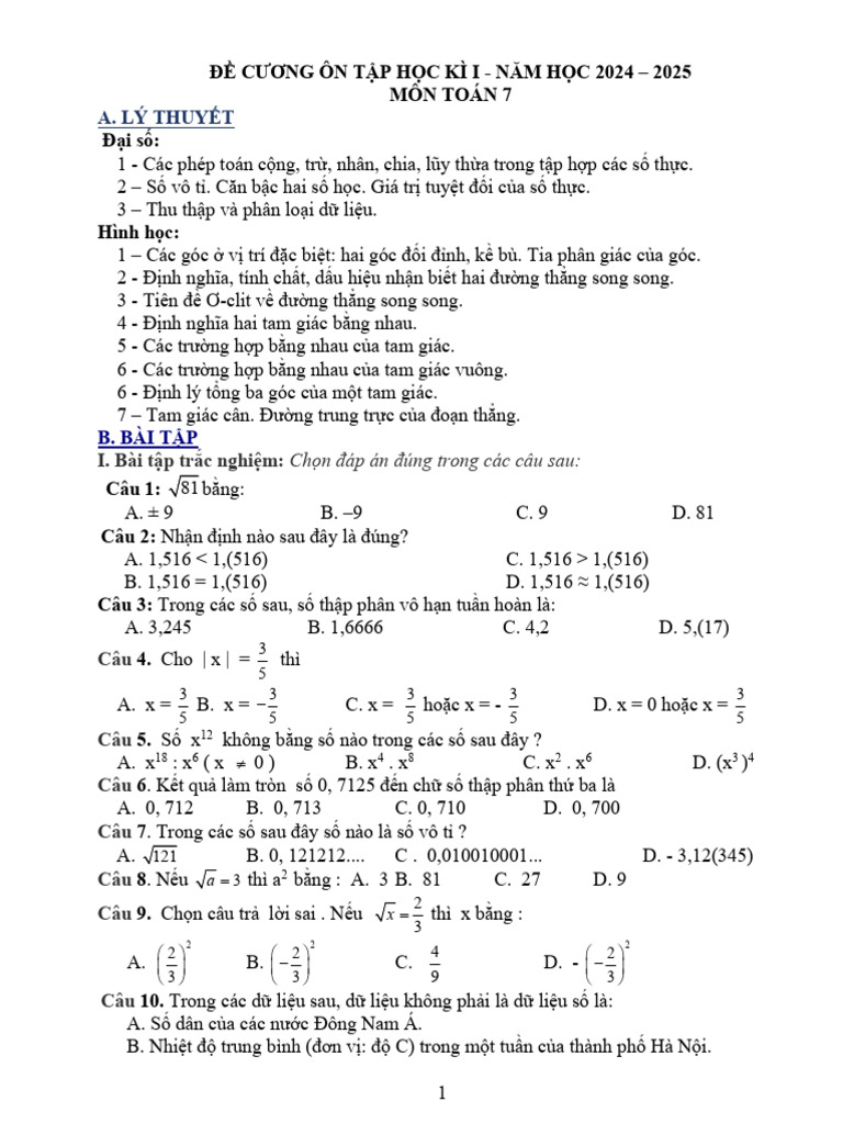 De Cuong Toan 7 | PDF