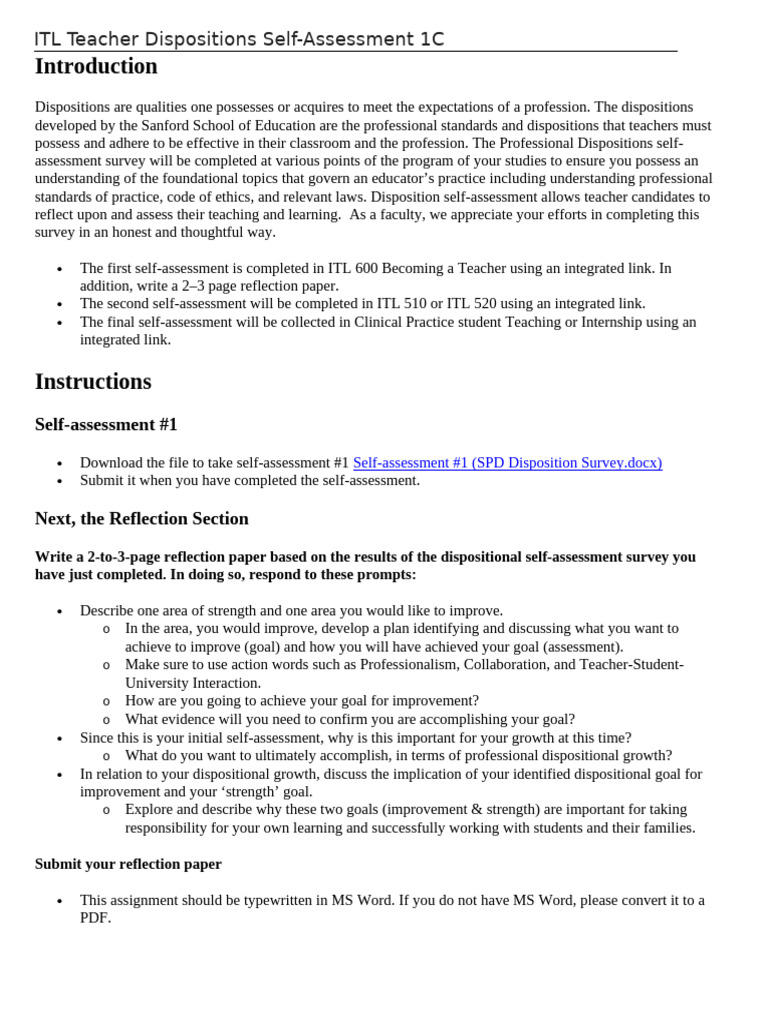 Teacher Dispositions Self-Assessment Guide | PDF | Teachers | Cognition