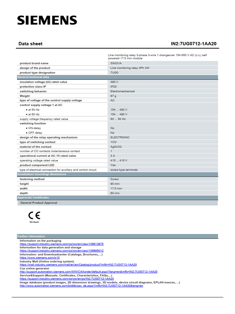 3-Phase Line Monitoring Relay 7UG0712 | PDF | Relay | Alternating Current