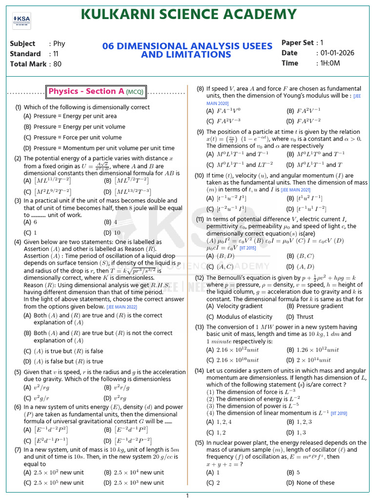 Dimensional Analysis in Physics MCQs | PDF | Applied And ...