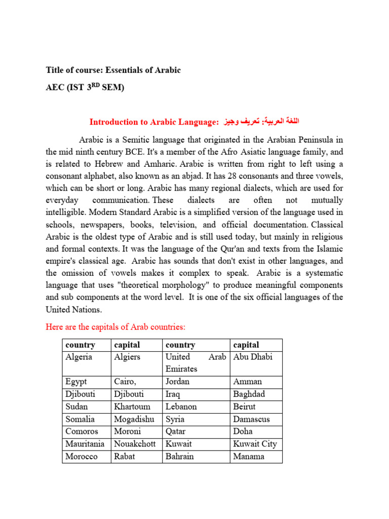 Essentials of Arabic Language Overview | PDF | Arabic | Grammatical Gender