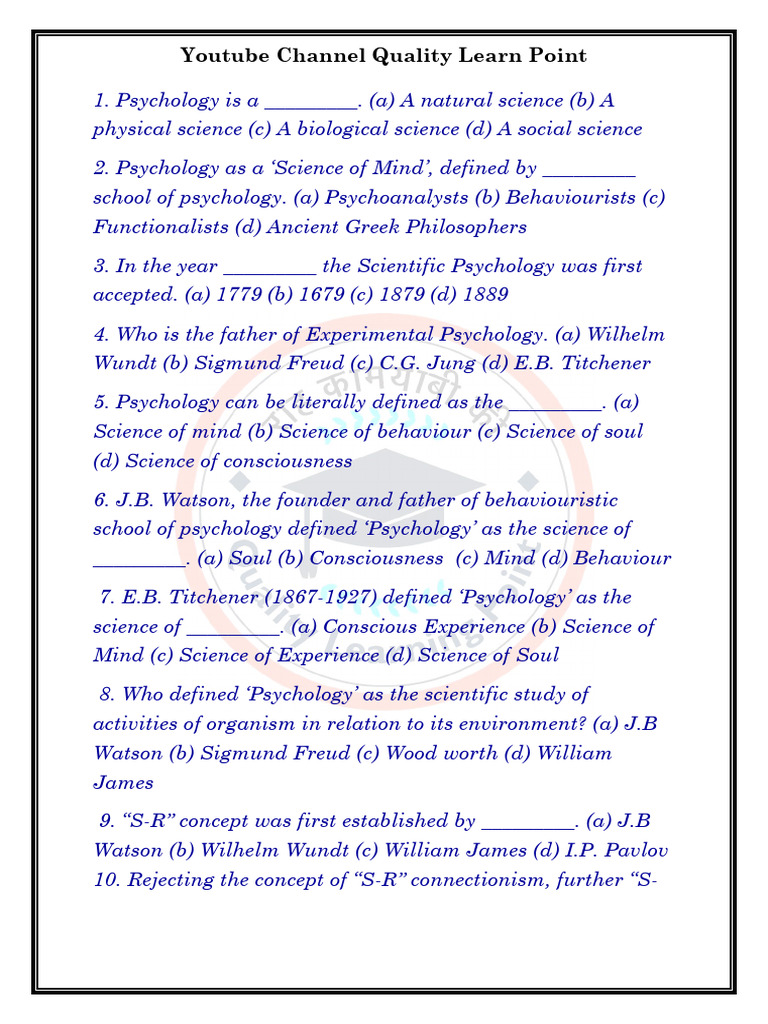 Psychology Basics Quiz Questions | PDF | Psychology | Psychoanalysis