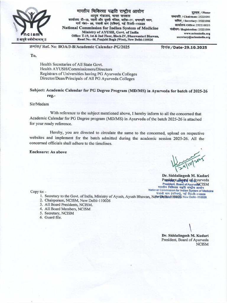 PG Academic Calendar For 2025-26 Batch | PDF
