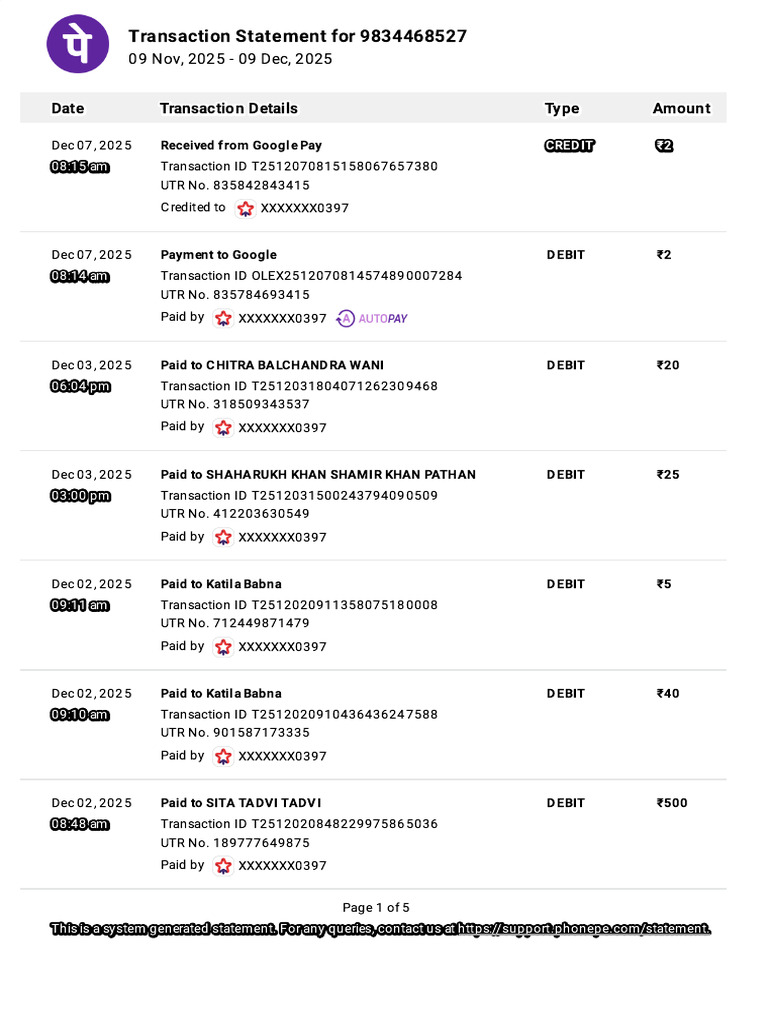 Transaction Statement 9834468527 | PDF | Debit Card | Financial Services