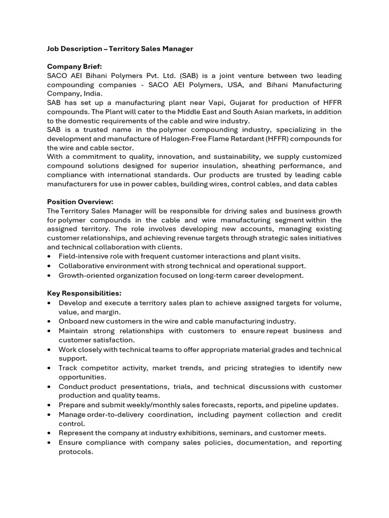 JD - Territory Sales Manager | PDF | Sales | Business