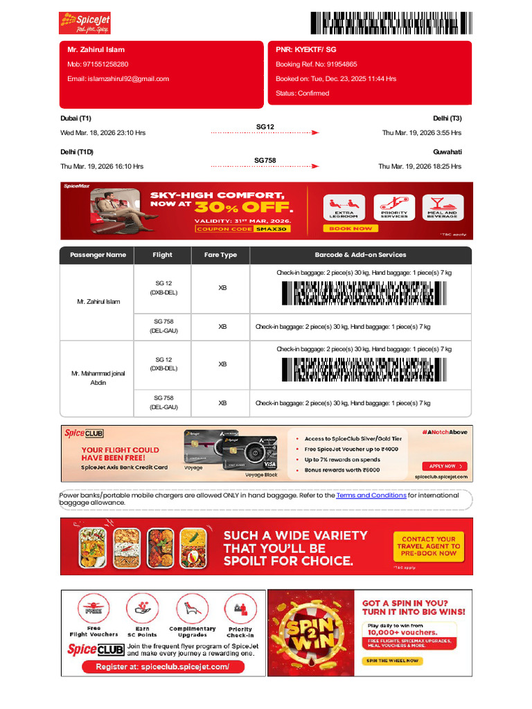 SpiceJet Flight Booking Confirmation | PDF | Credit Card | Debit Card
