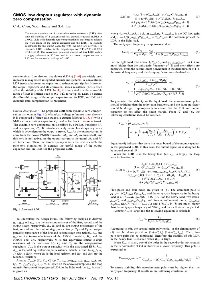 CMOS Low Dropout Regulator With Dynamic Zero Compensation | PDF ...