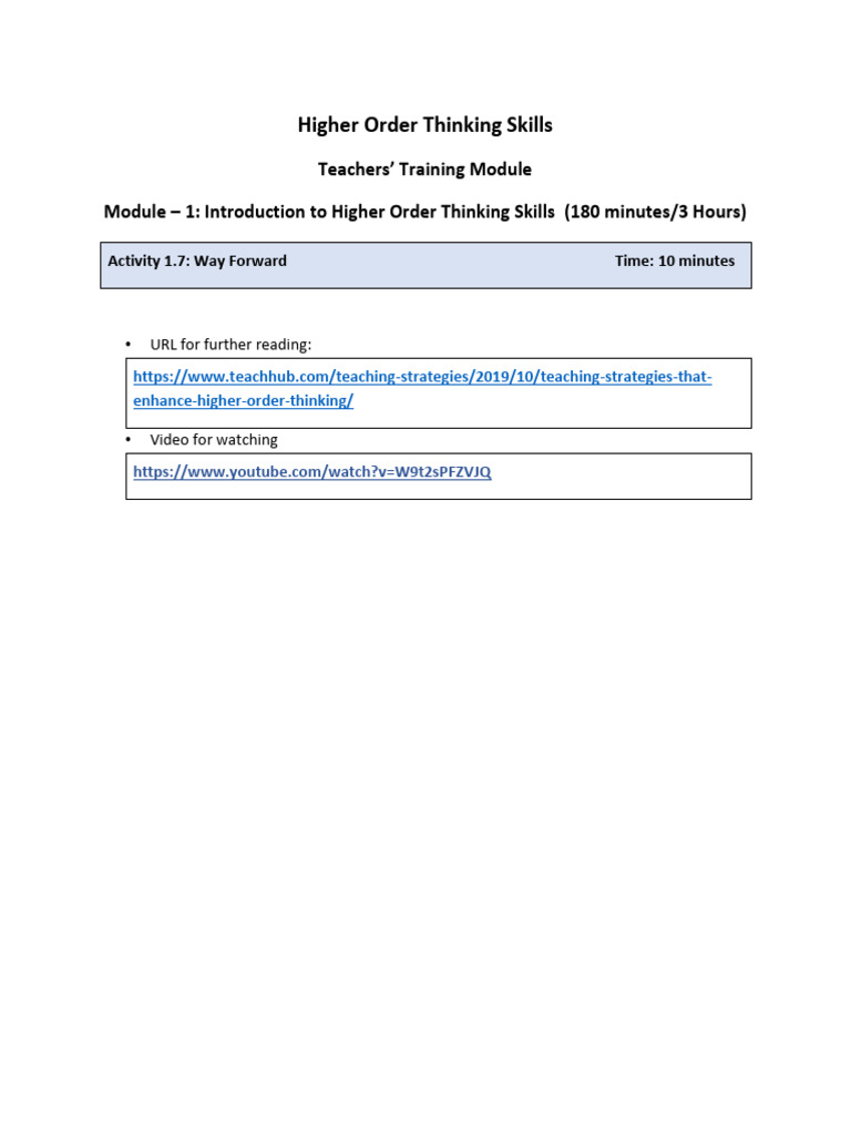 Higher Order Thinking Skills Training Module | PDF