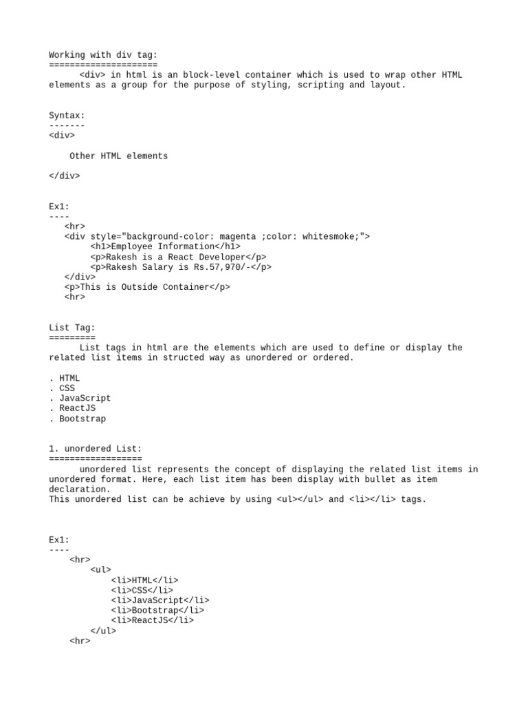 HTML Tags: div, list, table, image | PDF | Html Element | Hyperlink