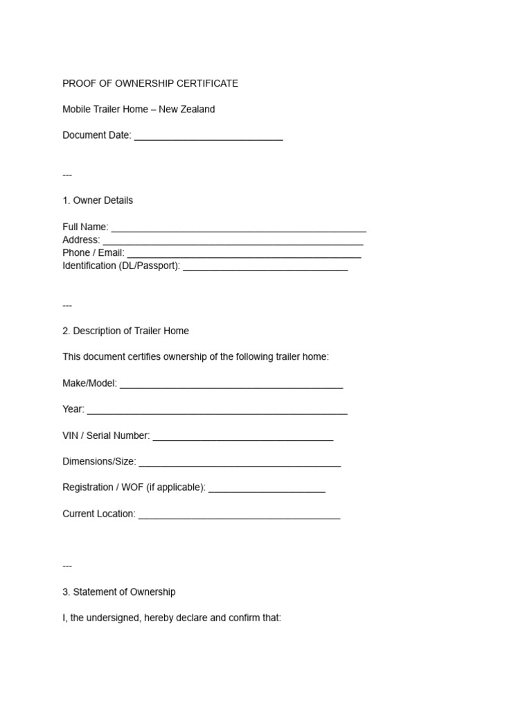 Proof of Ownership for NZ Trailer Home | PDF