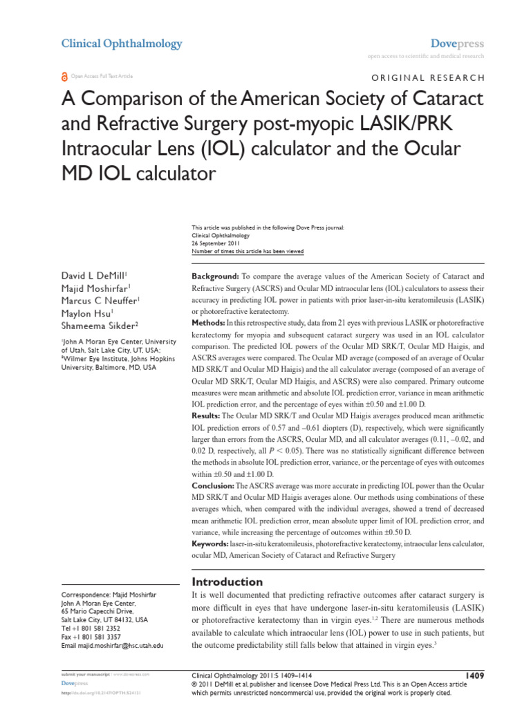 IOL Calculator Accuracy Post-LASIK/PRK | PDF | Myopia | Ophthalmology