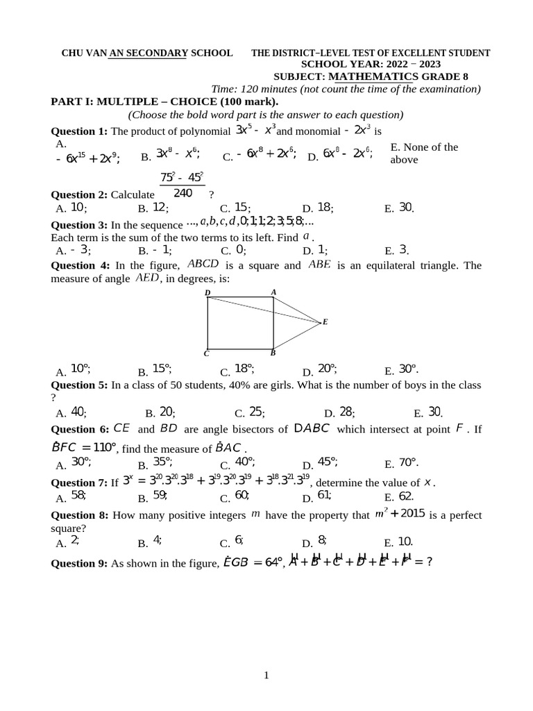 Grade 8 Math Exam Questions 2022-2023 | PDF | Area | Rectangle
