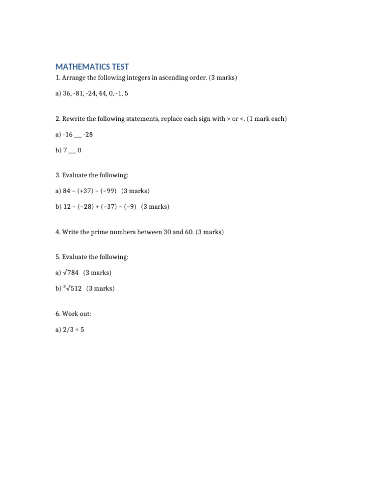 Mathematics Test: Integer Order & Evaluations | PDF