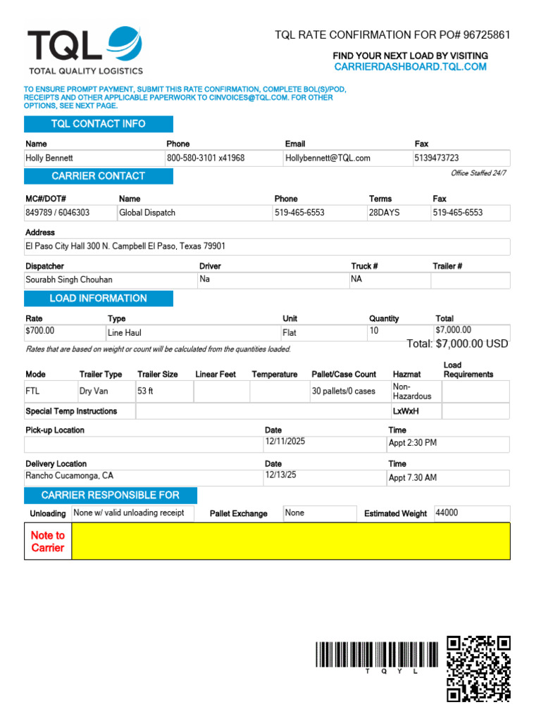 TQL Rate Confirmation Document | PDF | Employment