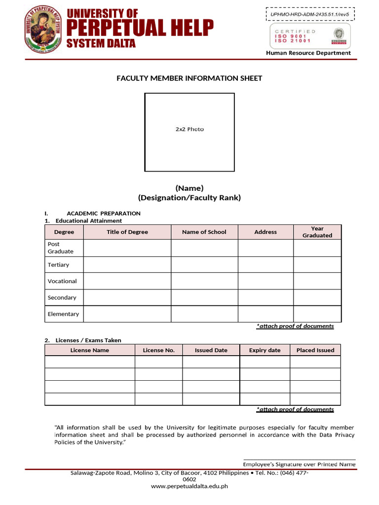 Form 51.1 Faculty Member Information Sheet | PDF | Chess Theory | Chess