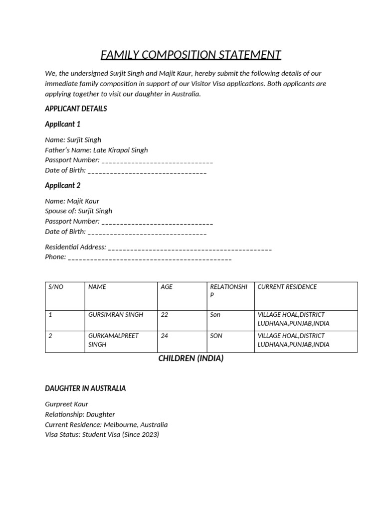 Family Composition for Visitor Visa | PDF