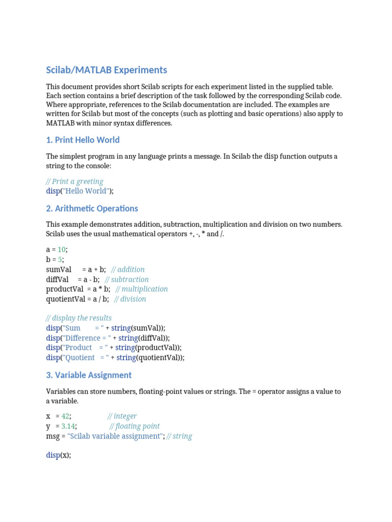 Scilab Scripts for Basic Experiments | PDF | Matrix (Mathematics ...