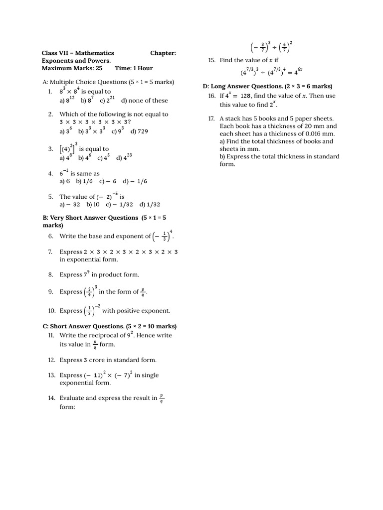 Class VII Math: Exponents & Powers Quiz | PDF | Exponentiation | Chess ...