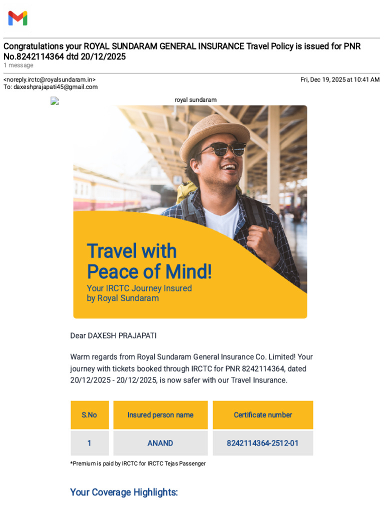 Gmail - Congratulations Your ROYAL SUNDARAM GENERAL INSURANCE Travel ...