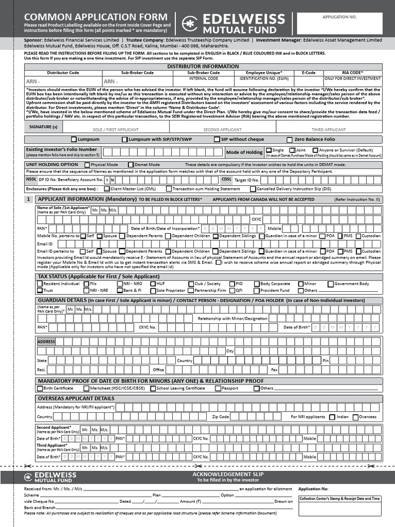 Edelweiss Mutual Fund Application Form | PDF | Cheque | Banks