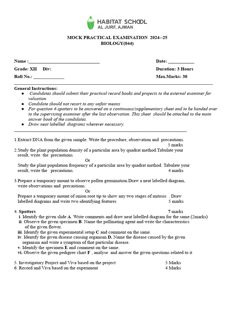 Sample Practical Qs Paper 12 Bio 25-26 | PDF | Botany | Plants