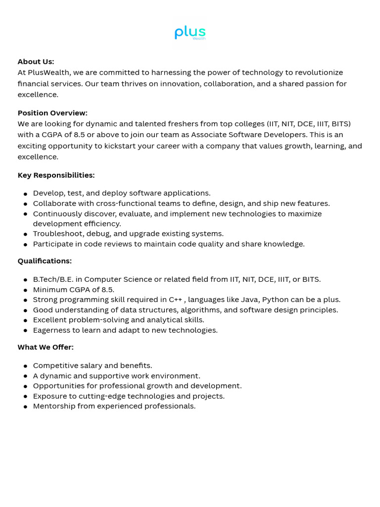 Associate Software Developer - Fresher (Pluswelath) | PDF