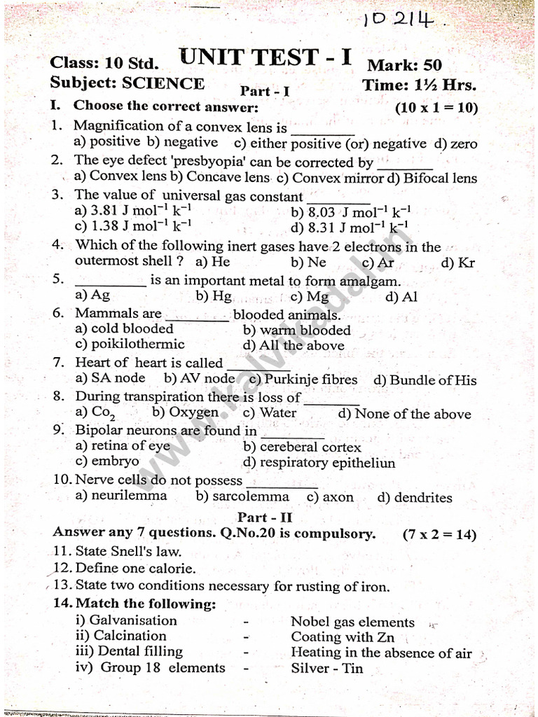 10th Science Unit Test Question Paper EM Erode DT 2024 | PDF