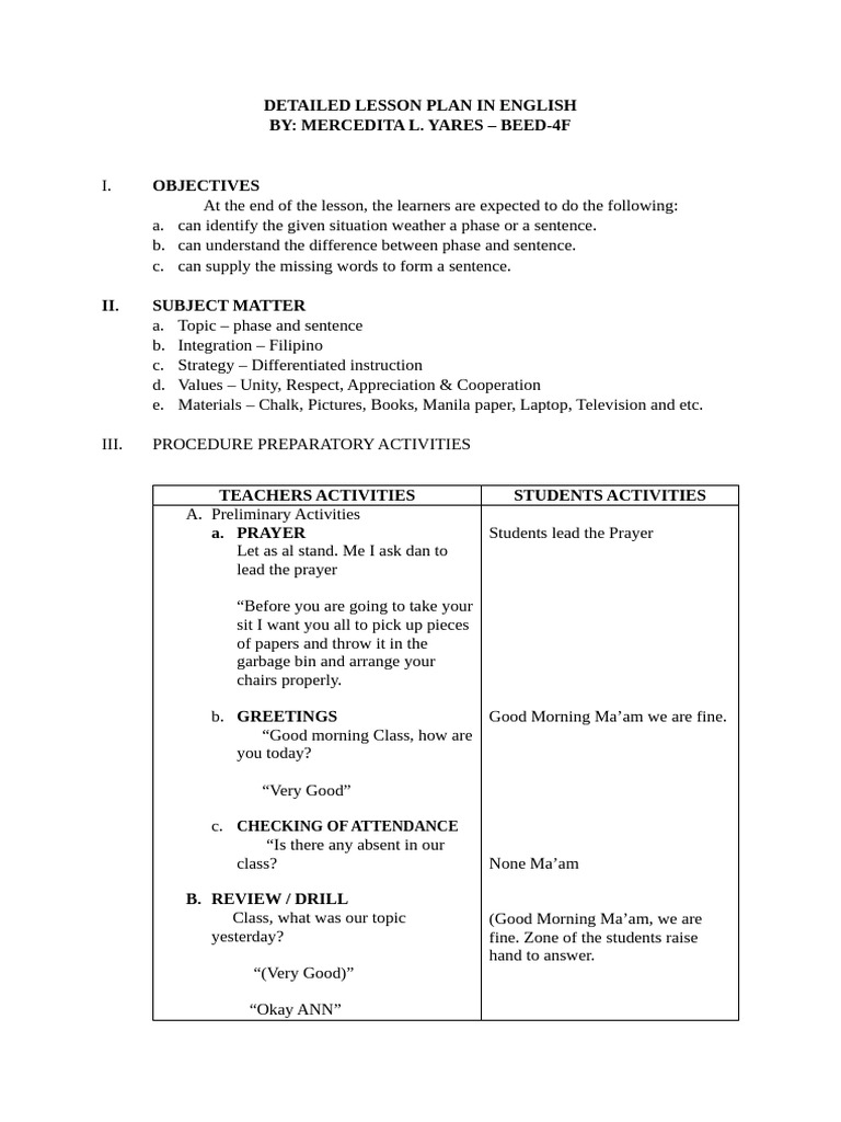 Detailed Lesson Plan in English | PDF | Sentence (Linguistics) | Phrase