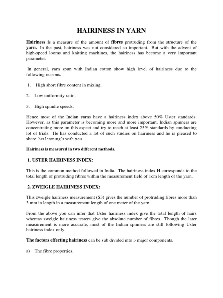 Hairiness in Yarn PDF Yarn Spinning (Textiles)