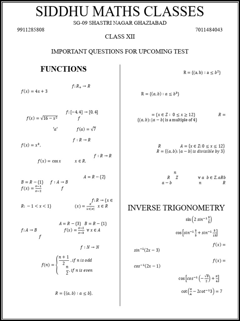Important Class XII Maths Questions | PDF | Function (Mathematics ...
