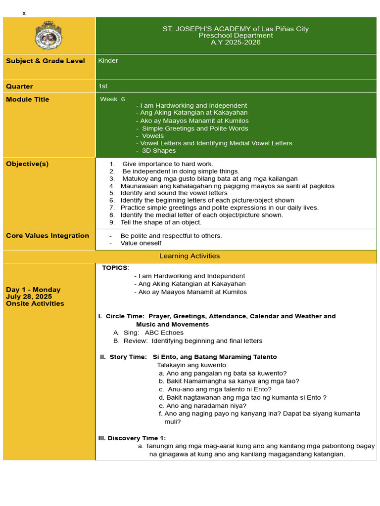 KINDER+Learning+Plan+Week+6+ (July+28+ +august+1) | PDF