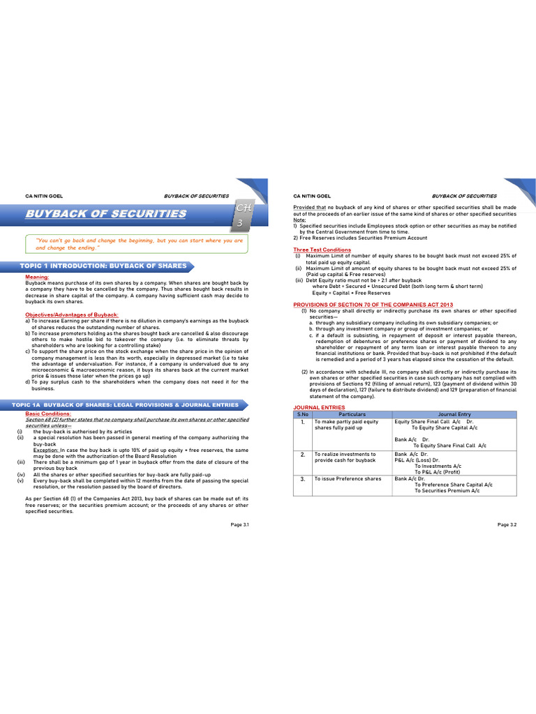 Buyback of Securities Explained | PDF | Equity (Finance) | Balance Sheet