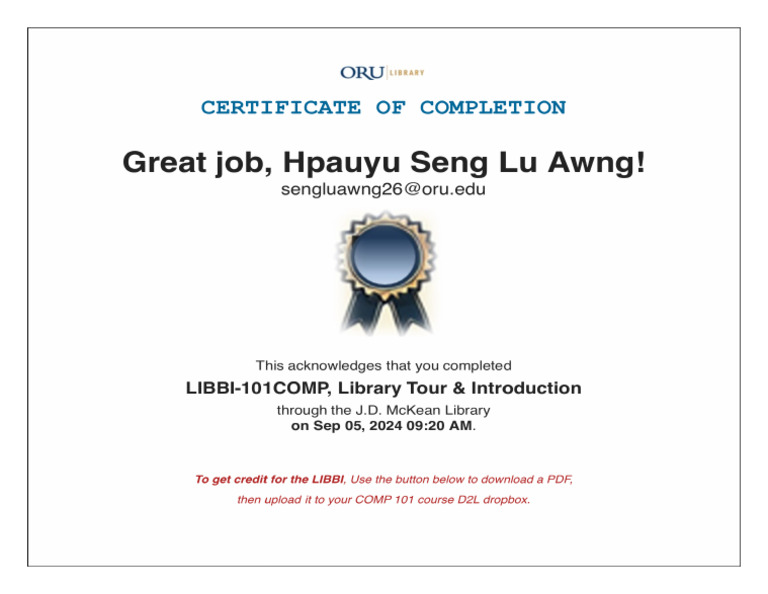 Certificate of Completion - LIBBI-101COMP, Library Tour and ...