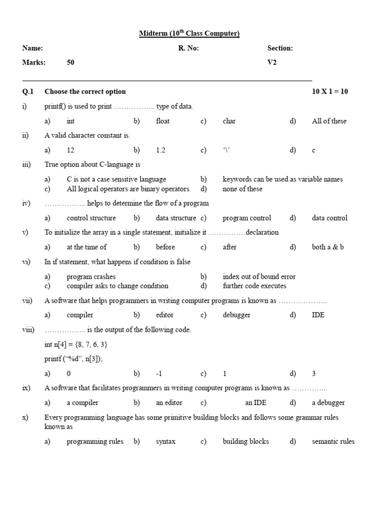 10th Class Computer Midterm Exam Guide | PDF | Computer Program ...