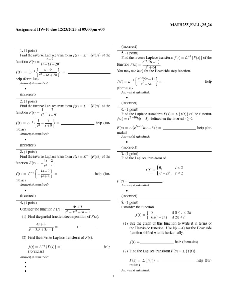Inverse Laplace Transform Assignments | PDF | Laplace Transform ...