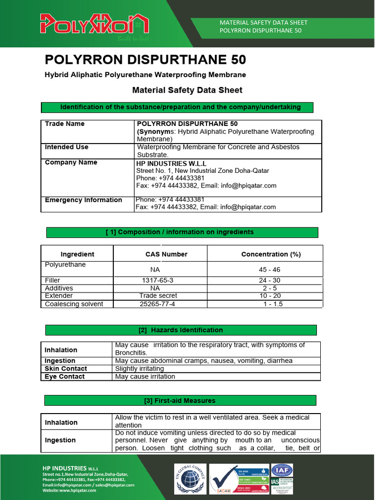 Polyrron Dispurtane 50 MSDS Guide | PDF | Personal Protective Equipment ...