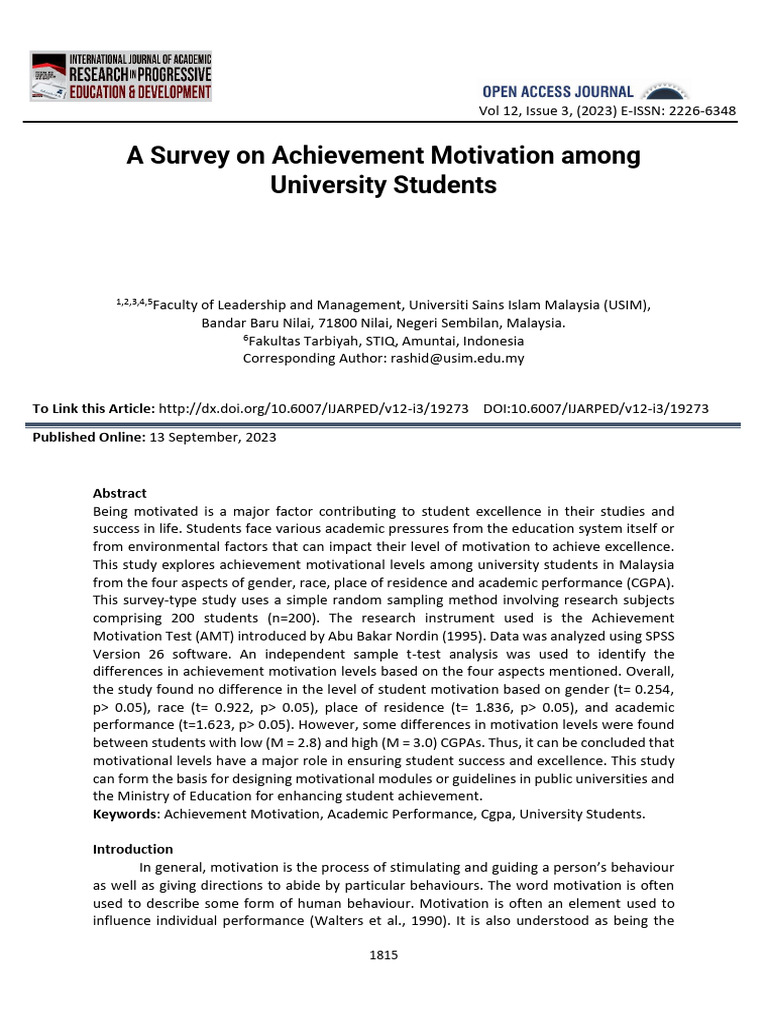Achievement Motivation in Malaysian Students | PDF | Motivation ...